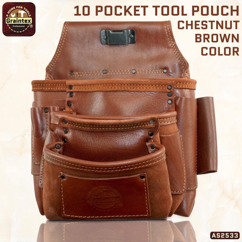 Graintex Ambassador Series 10 Pocket Framers Professional Nail & Tool Pouch Durable and Versatile Genuine Top Grain Leather for Framers, Constructors, Electricians, Plumbers, Handyman - Chestnut Brown - Image 2